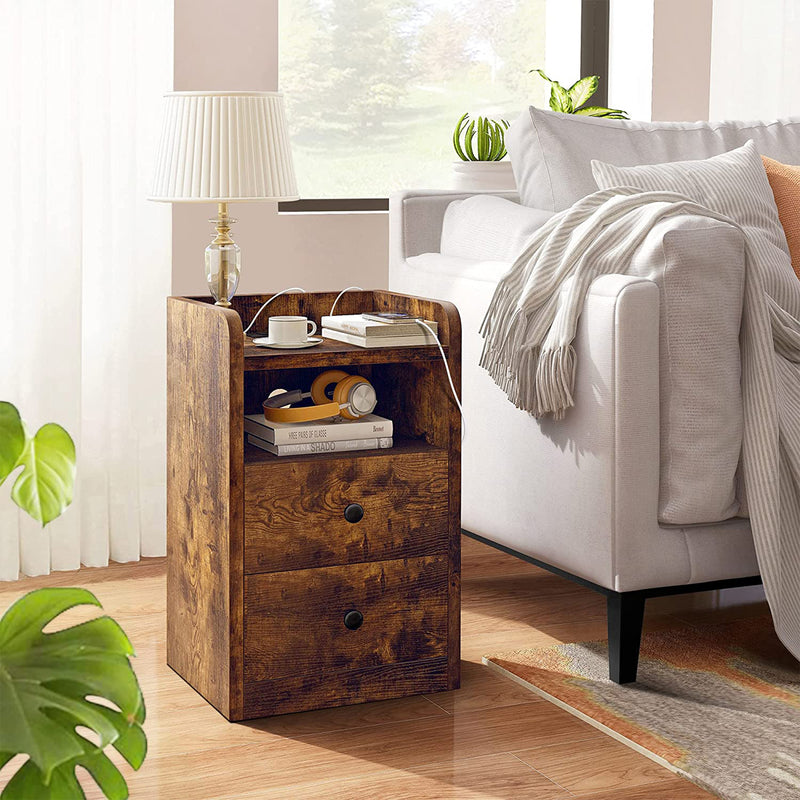 FABATO Side Table and Nightstand with Charging Station w/2 Drawers, Rustic Brown