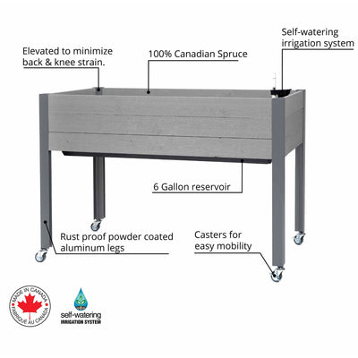 CedarCraft Self-Watering Elevated Planter w/ 4 Wheels, 21" x 47"W x 32"H, Gray