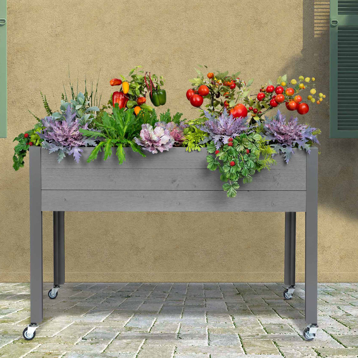 CedarCraft Self-Watering Elevated Planter w/ 4 Wheels, 21" x 47"W x 32"H, Gray