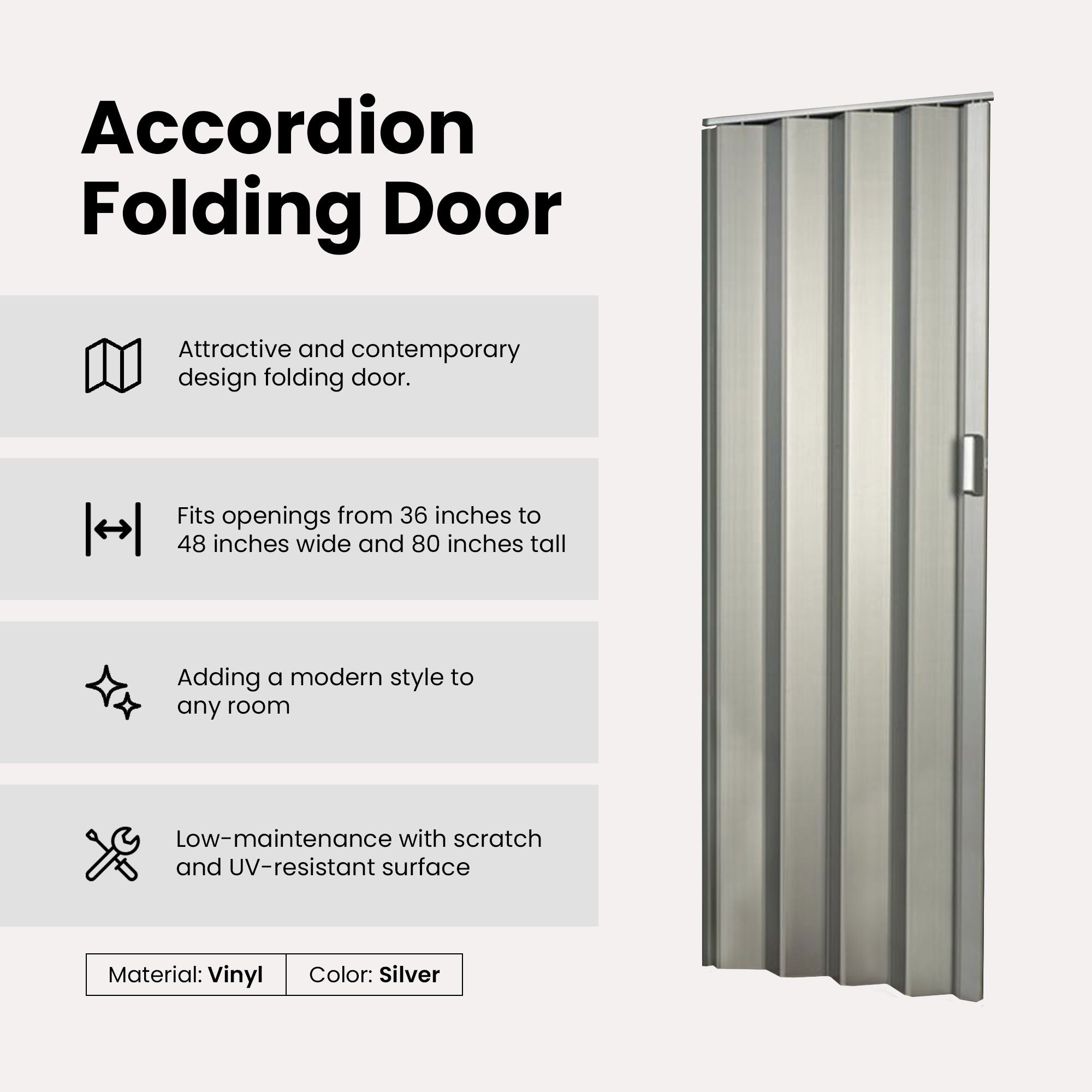 LTL Home Products EL4880S Spectrum Elite Vinyl Accordion Door, Elite Silver - VMInnovations