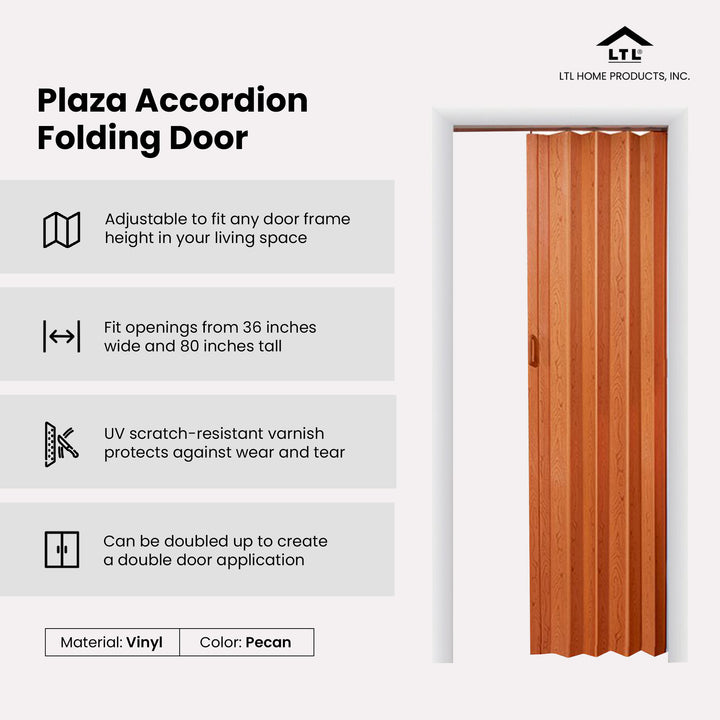 36 x 80 Inch Plaza Pecan Vinyl Accordion Door with Hardware (Open Box)