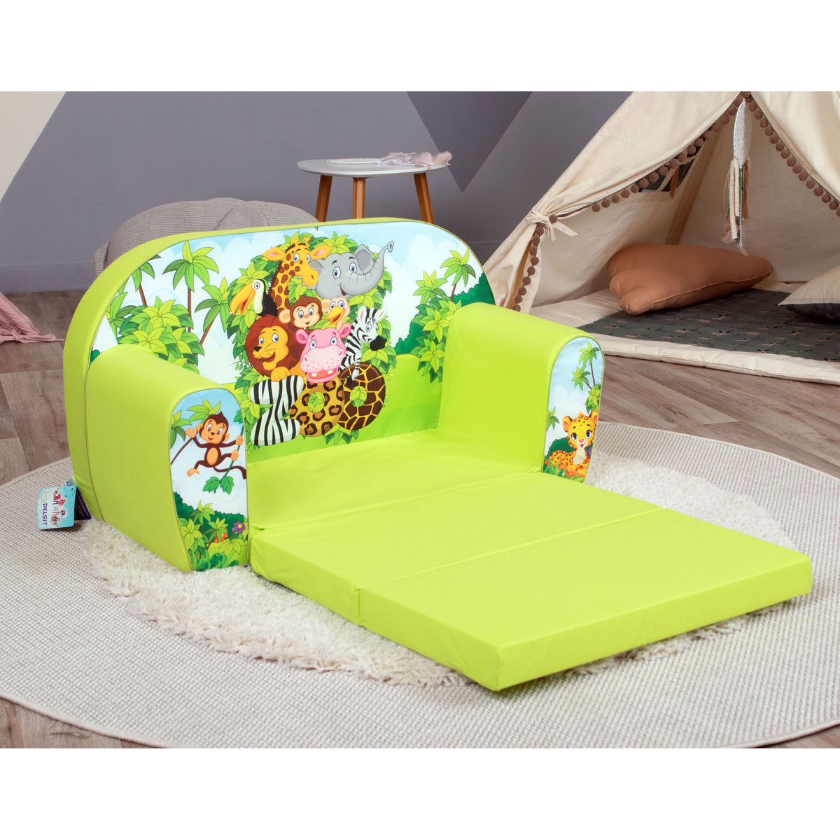 Delsit Toddler Couch 2 in 1 Flip Open Kid Sized Foam Sofa Lounger, Zoo Pals - VMInnovations