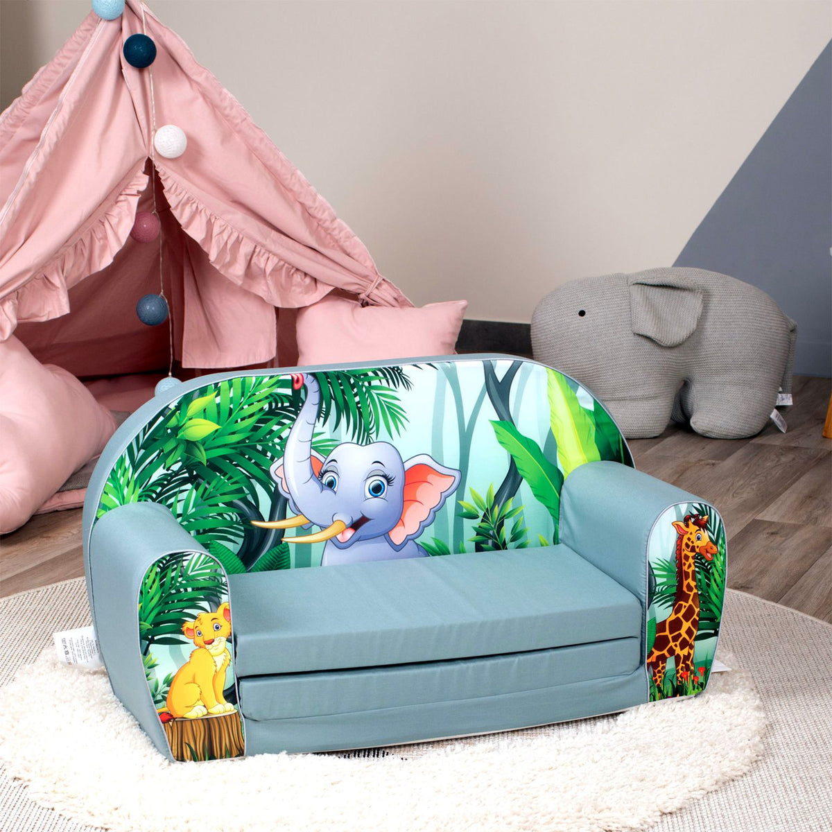 Delsit Toddler Couch 2 in 1 Flip Open Kid Sized Foam Sofa Lounger, Elephant - VMInnovations