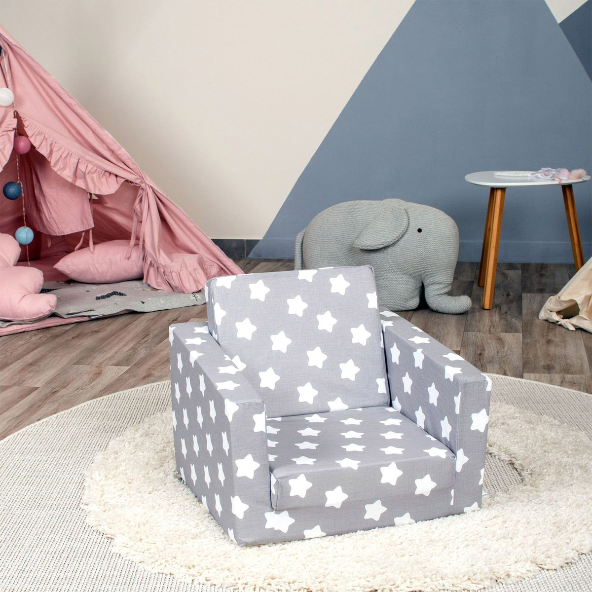 Delsit Toddler 2 in 1 Flip Open Kid Sized Lounge Chair, Grey & White Stars(Used)