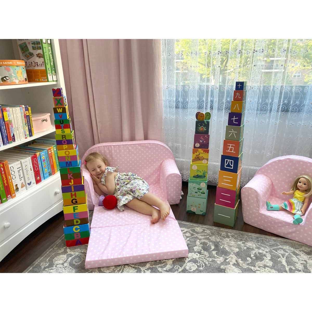 Delsit Toddler Couch 2 in 1 Flip Open Kid Size Foam Sofa Lounger, Pink Polka Dot - VMInnovations
