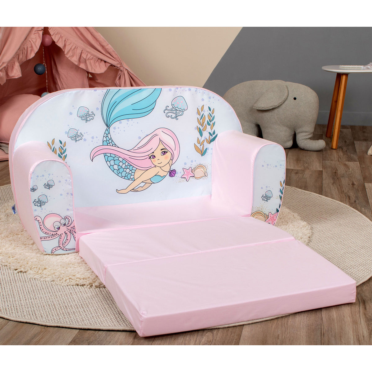 Delsit Toddler Couch 2 in 1 Flip Open Kid Sized Foam Sofa Lounger, Pink Mermaid - VMInnovations