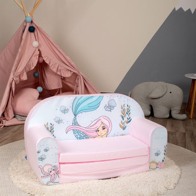 Delsit Toddler Couch 2 in 1 Flip Open Kid Sized Foam Sofa Lounger, Pink Mermaid - VMInnovations