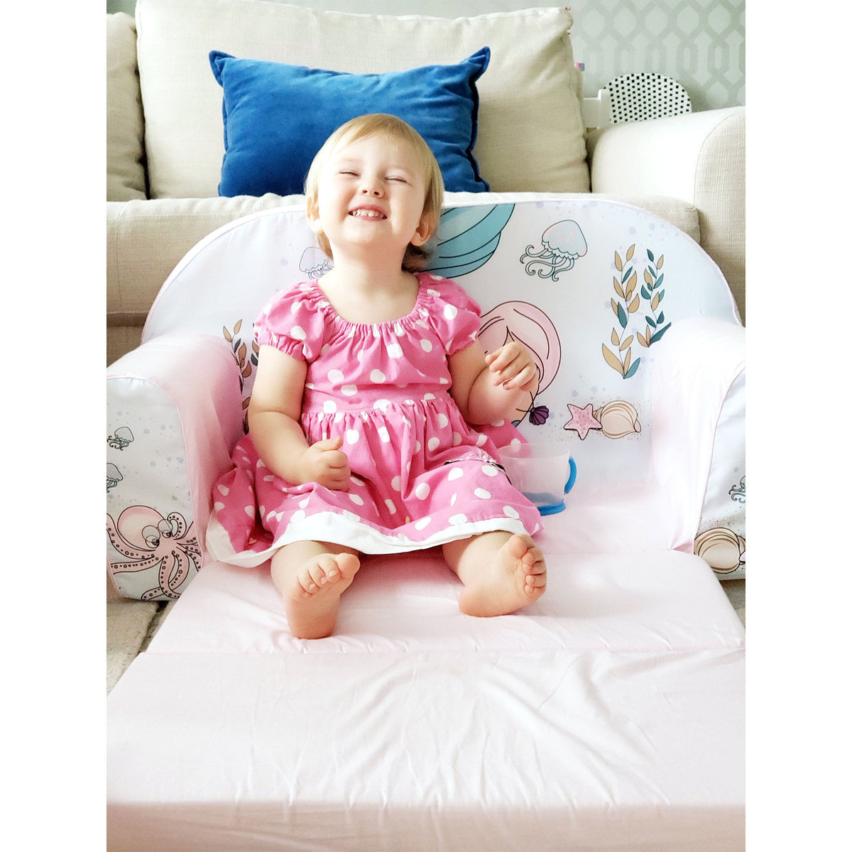 Delsit Toddler Couch 2 in 1 Flip Open Kid Sized Foam Sofa Lounger, Pink Mermaid - VMInnovations