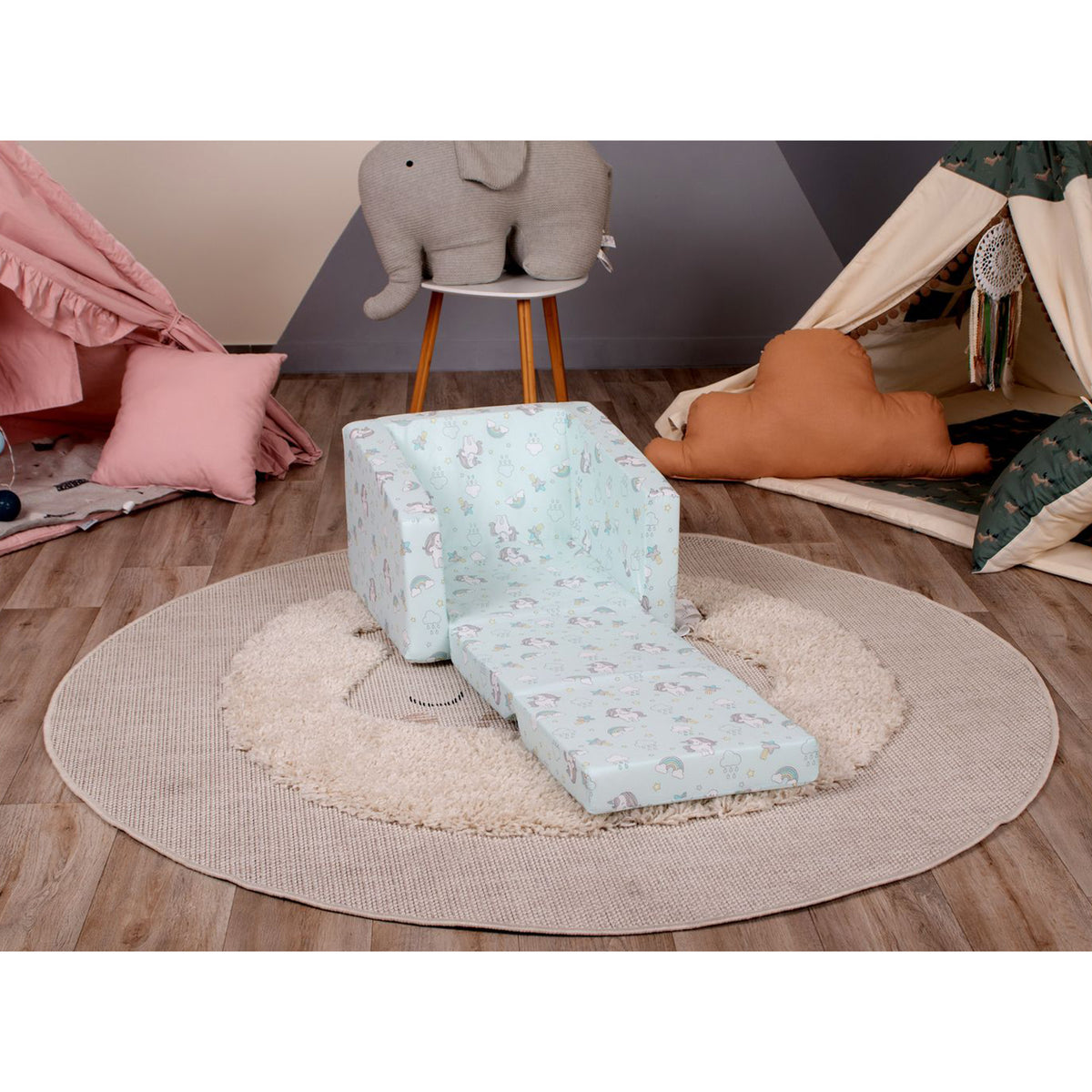 Delsit Toddler 2 in 1 Flip Open Kid Sized Foam Lounge Chair, Unicorns & Rainbows - VMInnovations