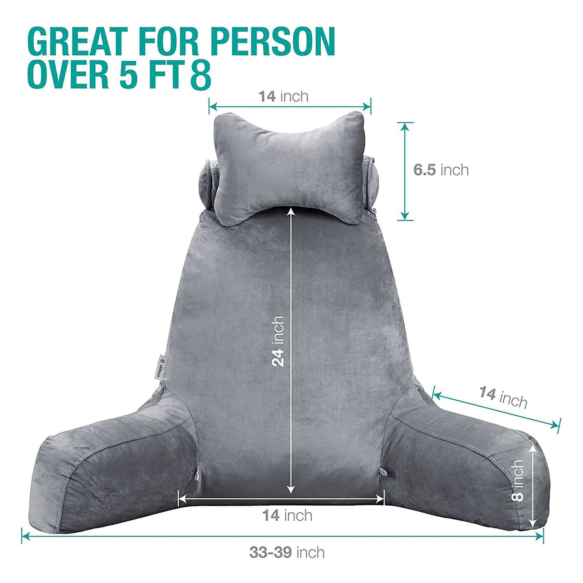 Vekkia Large Reading and Bed Rest Pillow with Back and Arm Support, Bright Gray (Refurbished)