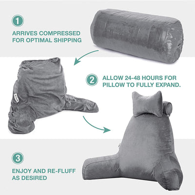Vekkia Large Reading and Bed Rest Pillow with Back and Arm Support, Bright Gray (Refurbished)