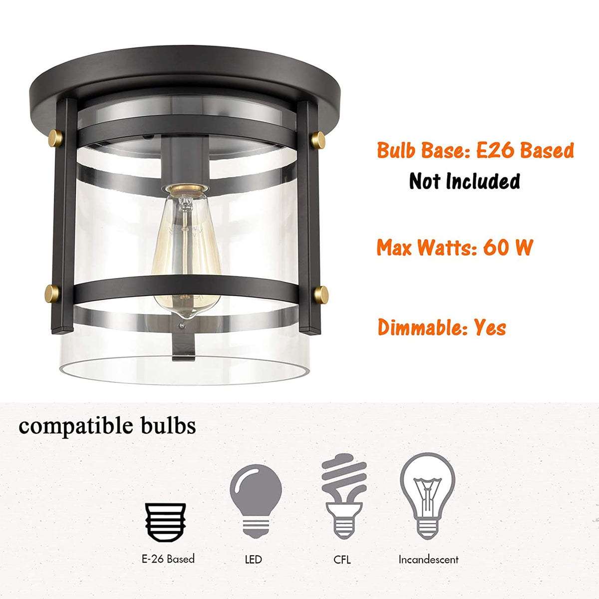 HYDELITE Industrial Modern Flush Mount LED Ceiling Light Fixture w/ Glass, Black