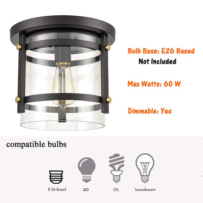 HYDELITE Industrial Flush Mount LED Ceiling Light Fixture w/ Glass, Black (2 Pk)
