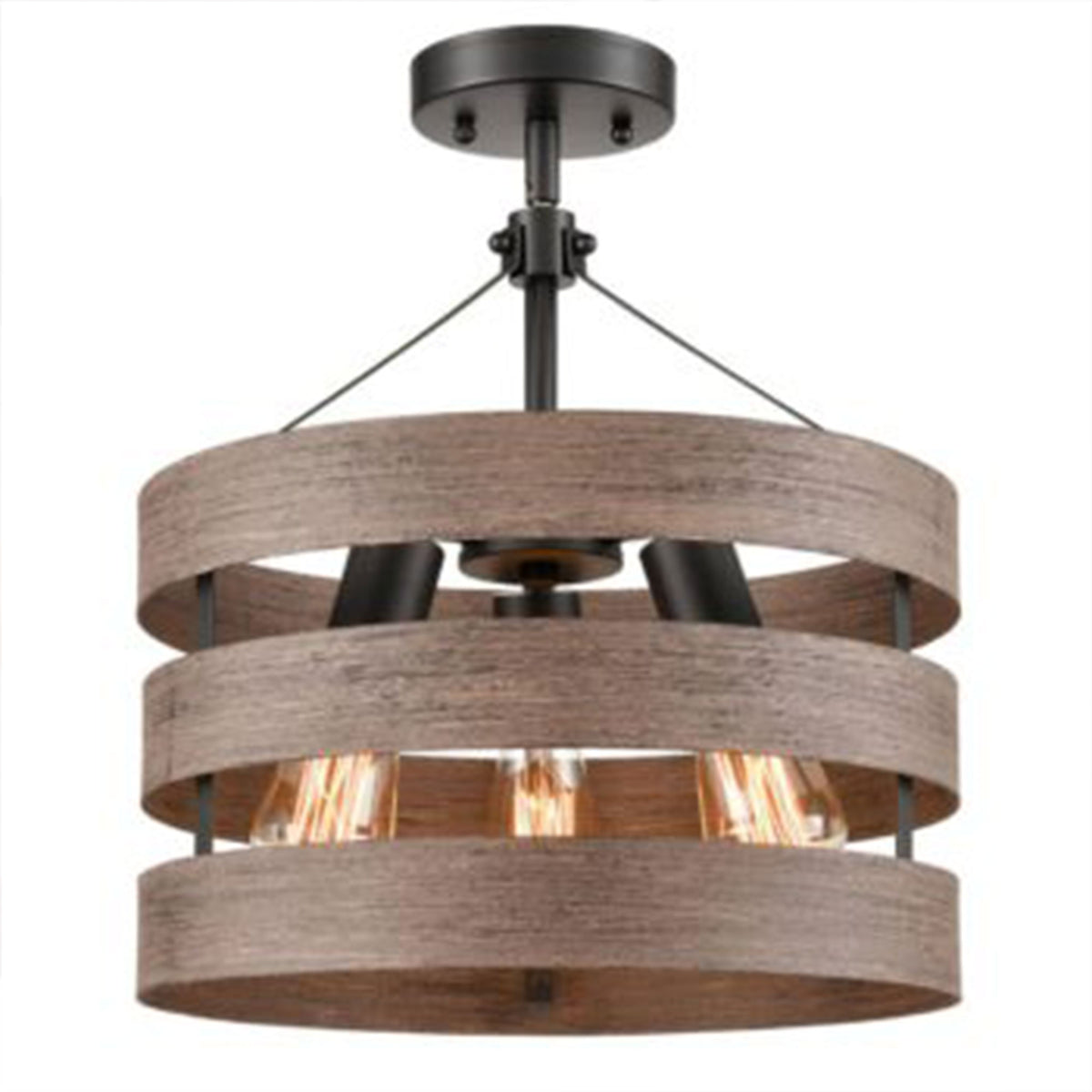 HOLKIRT Modern Farmhouse Metal Drum Hanging Kitchen Pendant, Wood Grain (3 Pack)