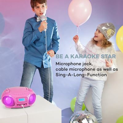 AUNA Portable CD Player Radio Karaoke Boombox Sound System w/ Microphone, Pink
