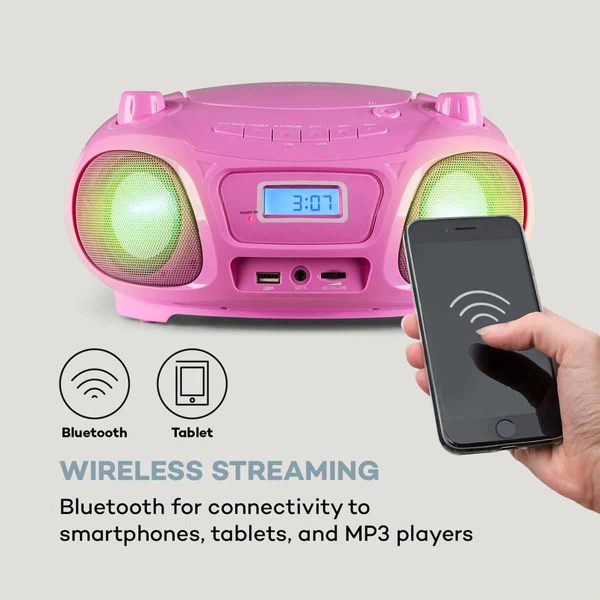 AUNA Portable CD Player Radio Karaoke Boombox Sound System w/ Microphone, Pink