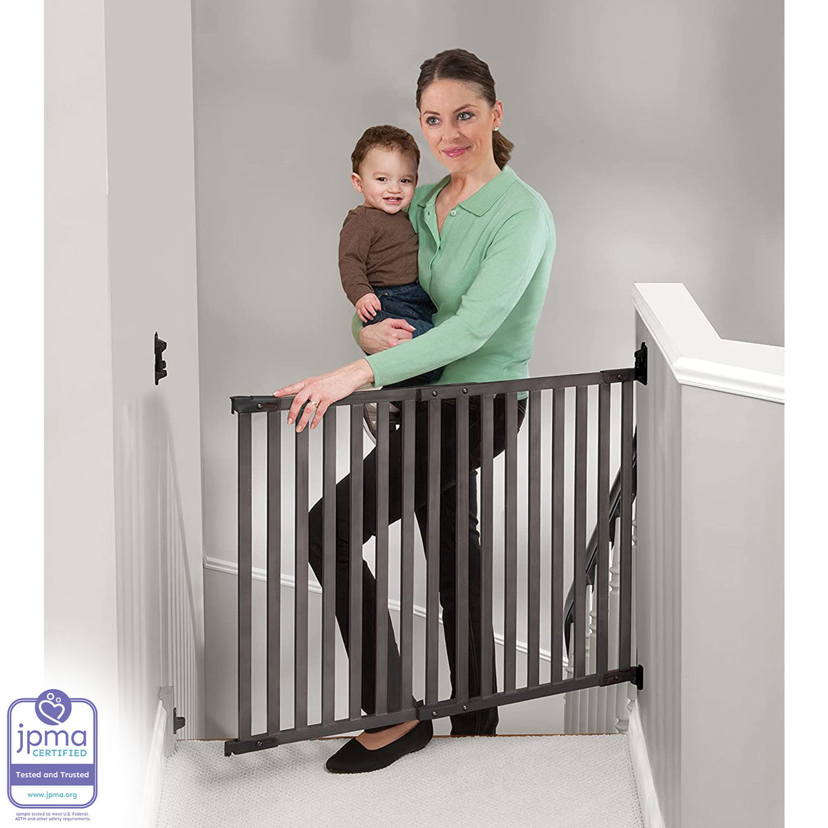 KidCo Angle Mount Safeway Stair Top Quick Release Bamboo Baby Pet Gate, Gray