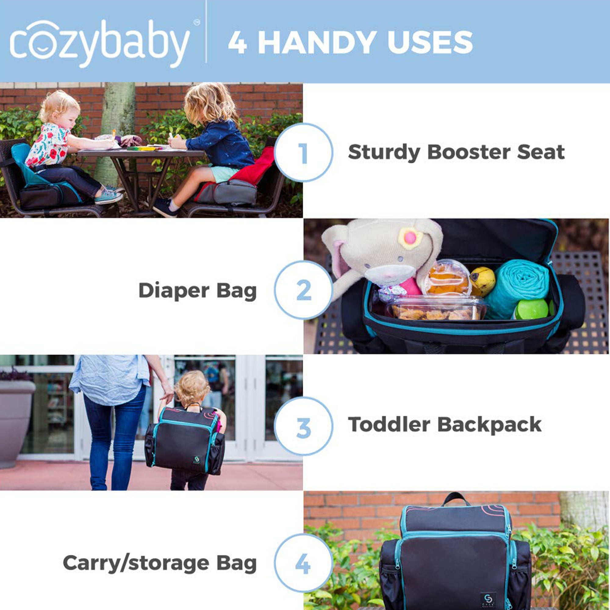 Cozy Cover 3 in 1 Portable Baby Booster Seat Diaper Backpack Bag, Black & Gray - VMInnovations