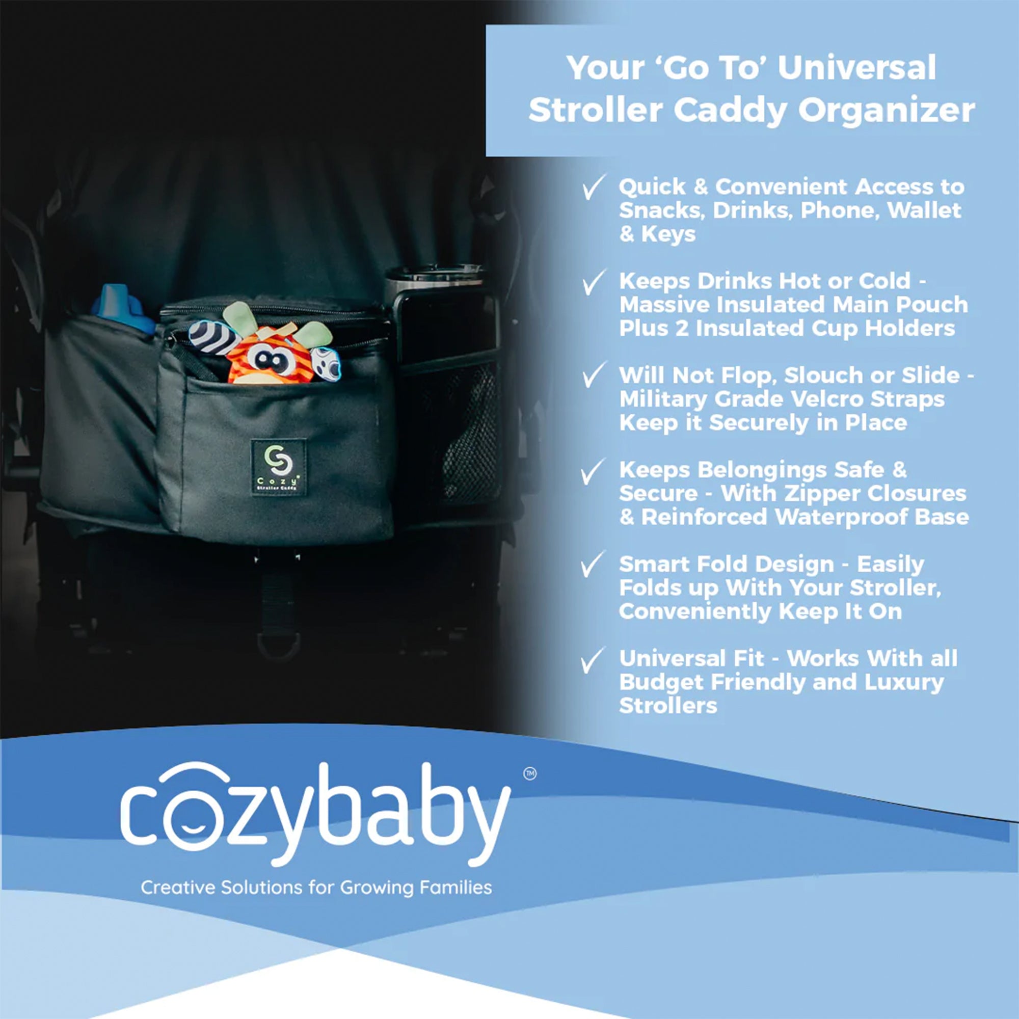 Cozy Cover CozyBaby Stroller Organizer Insulated Storage Caddy Basket, Black - VMInnovations