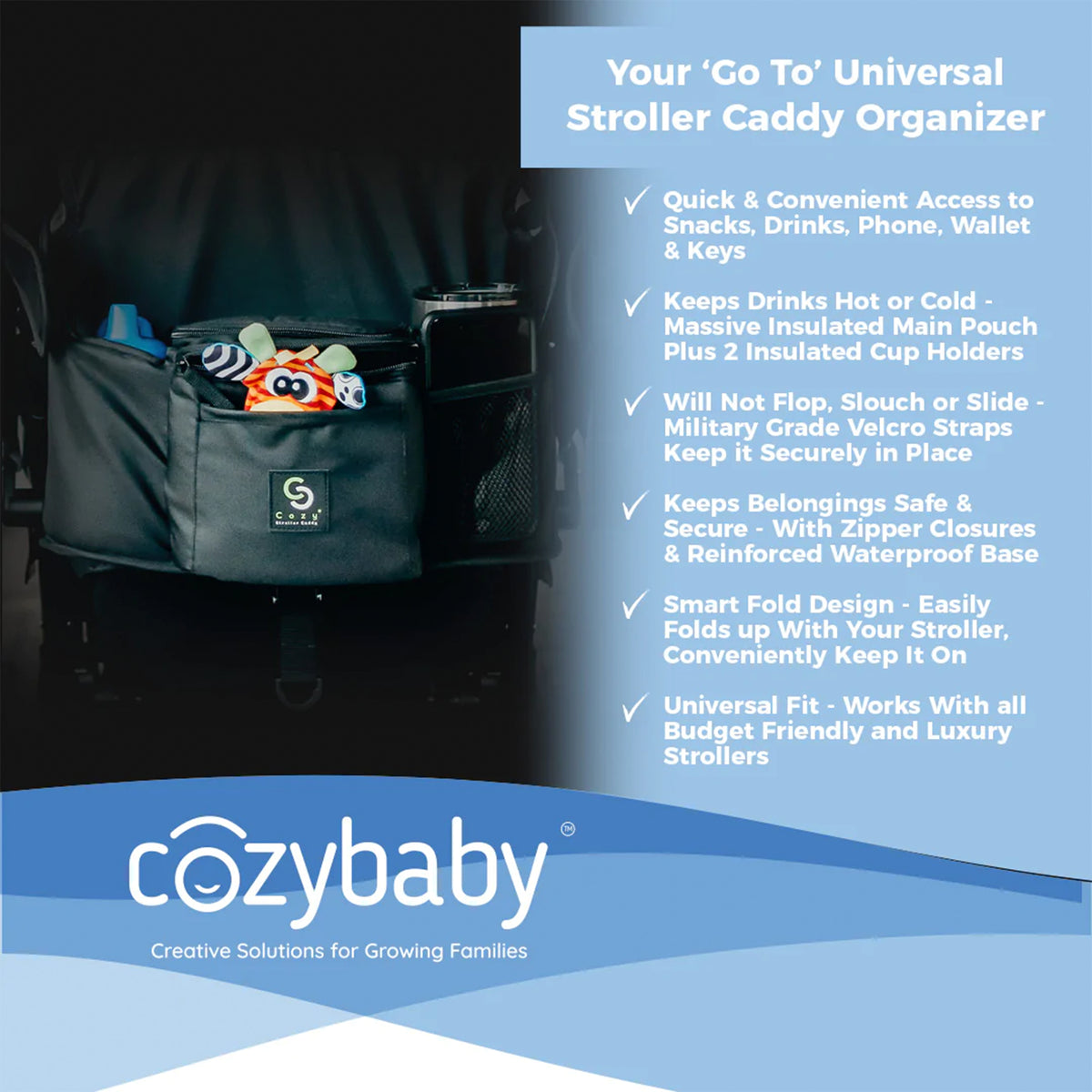 Cozy Cover Stroller Organizer Insulated Storage Caddy Basket, Black(Used) - VMInnovations