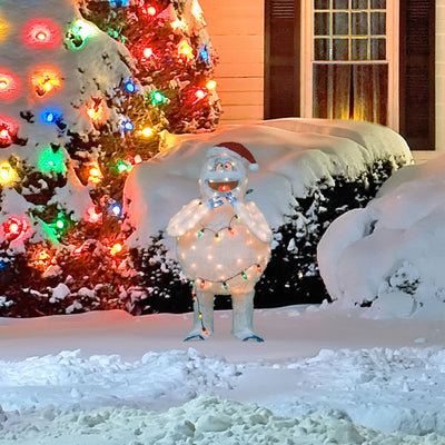 32 Inch Bumble Snowman with Santa Hat Pre Lit Outdoor Holiday Decor (Used)