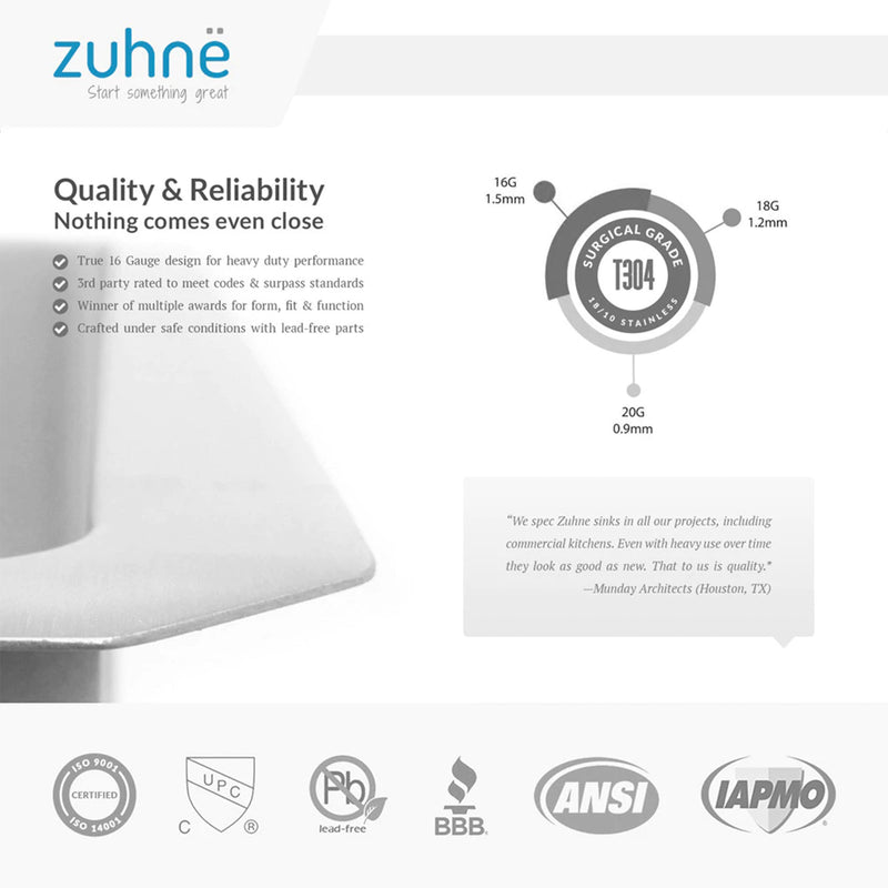 Zuhne Genoa 32 Inch Stainless Steel Premium Sink w/ Doubled Basin & Extra Depth