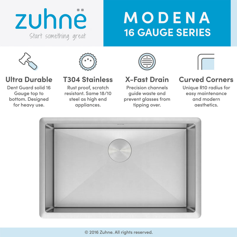 Zuhne 16 Gauge Stainless Steel 16 Inch Modena Bowl Undermount Bar & RV Sink Set