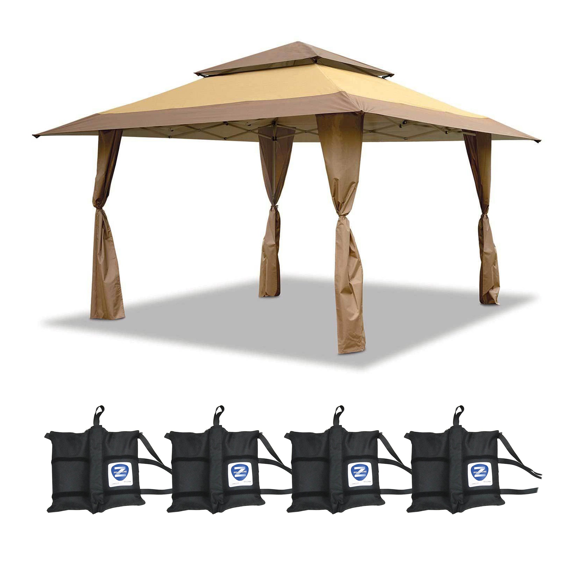 Z-Shade 13 x 13 Foot Pop Up Canopy Tent, Tan & Leg Wrap Weight Bags, Set of 4