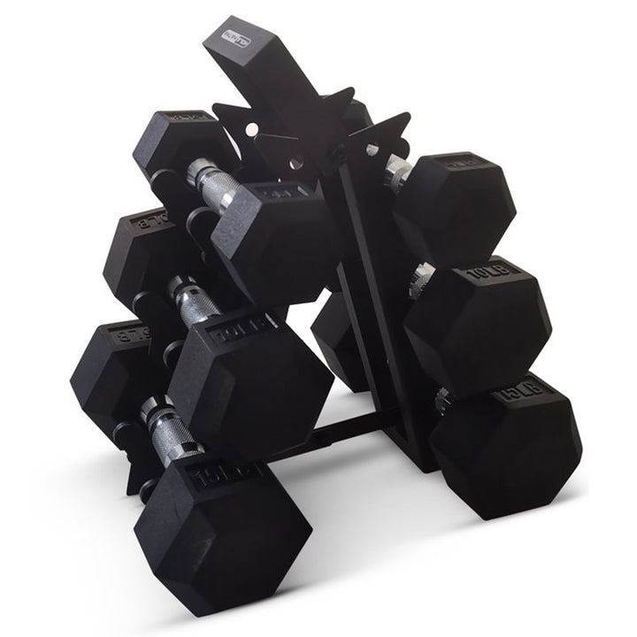 HolaHatha Hexagonal Dumbbell Free Hand Weight Set w/Rack, 5, 10, & 15 Lbs, Black