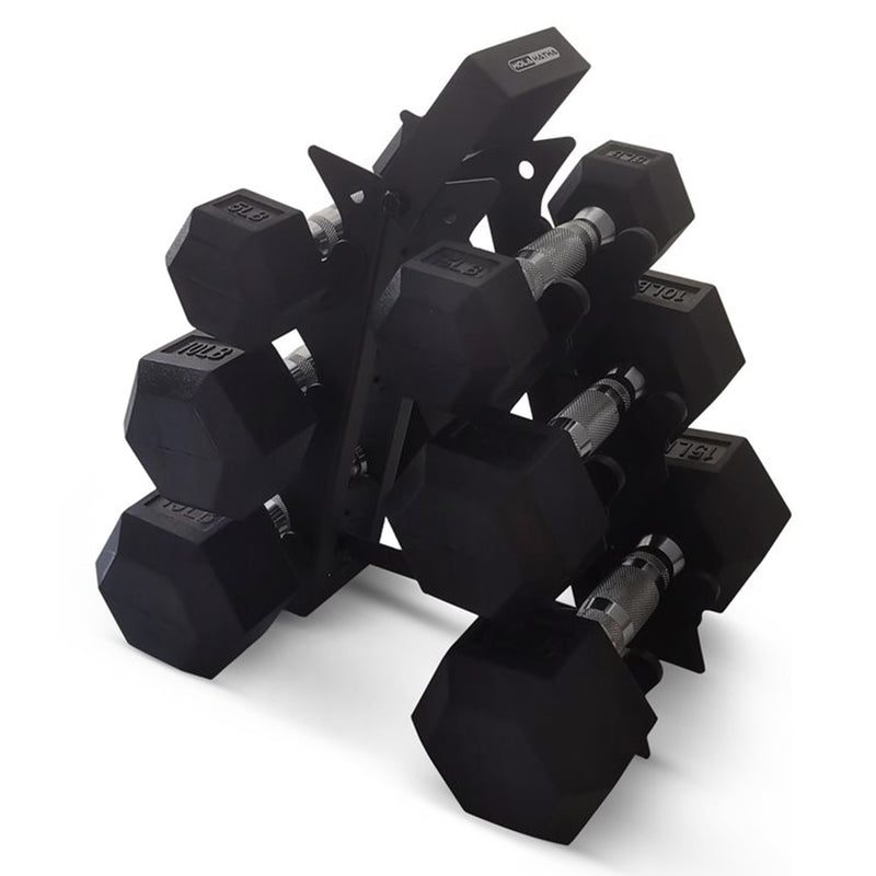 HolaHatha Hexagonal Dumbbell Weight Set w/Rack, 5, 10, & 15 Lbs (Open Box)