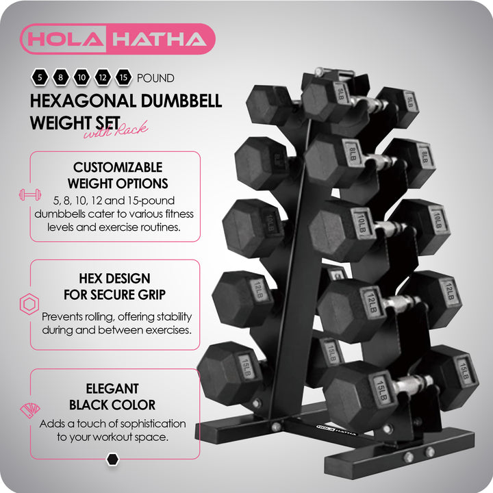 HolaHatha 5, 8, 10, 12 & 15lb Hexagonal Dumbbell Set w/Rack, Black (Open Box) - VMInnovations