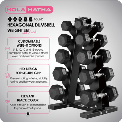 HolaHatha 5, 8, 10, 12 & 15 Pound Hexagonal Dumbbell Weight Set with Rack, Black