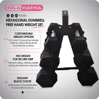 HolaHatha Hexagonal Dumbbell Weight Set w/Rack, 5, 10, & 15 Lbs (Open Box)