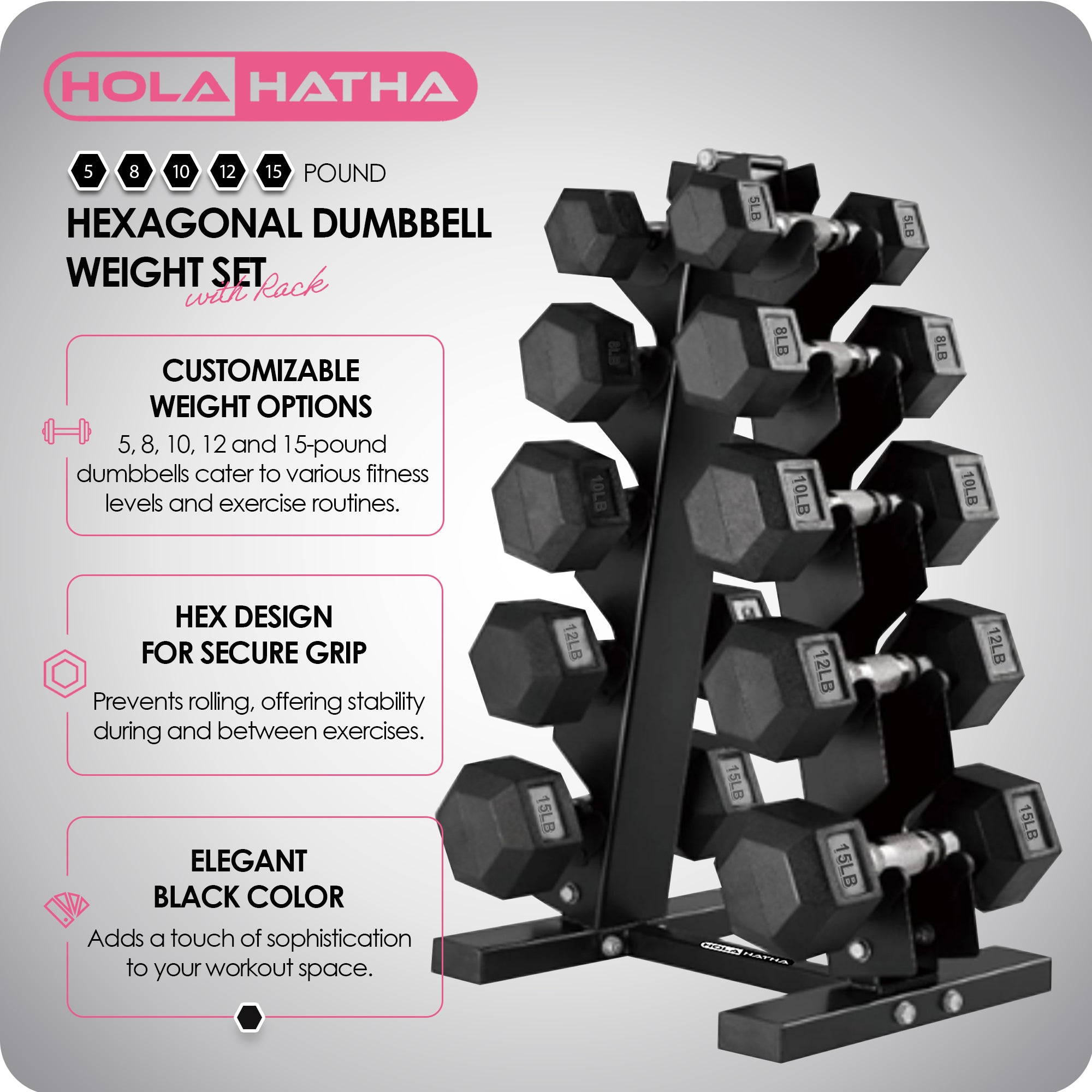 HolaHatha 5, 8, 10, 12 & 15 Pound Dumbbell Weight Set with Rack,Black(For Parts) - VMInnovations