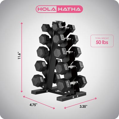HolaHatha 5, 8, 10, 12 & 15lb Hexagonal Dumbbell Set w/Rack, Black (Open Box)