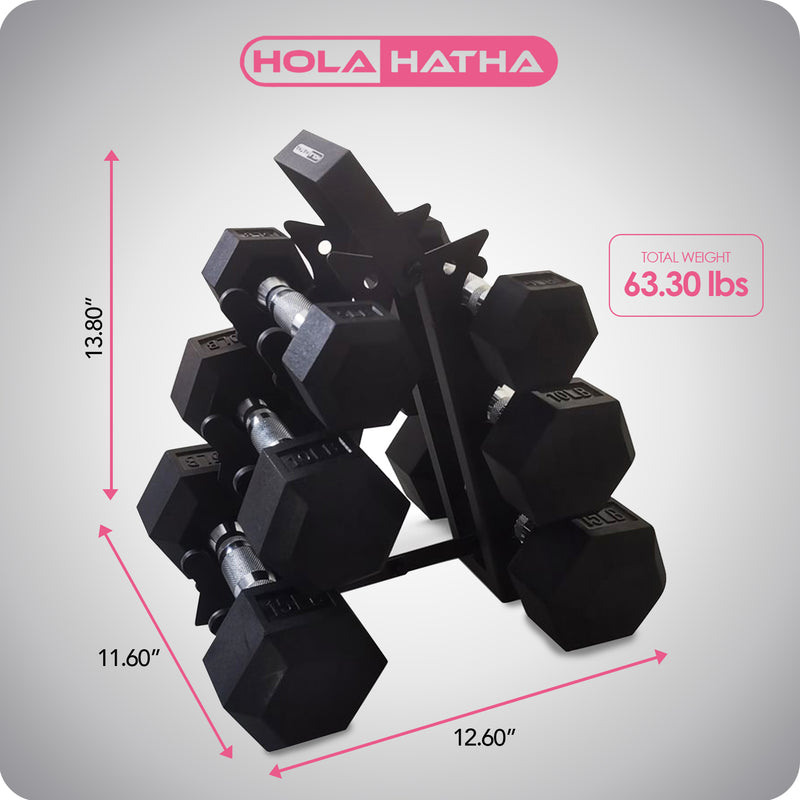 HolaHatha Hexagonal Dumbbell Weight Set w/Rack, 5, 10, & 15 Lbs (Open Box)