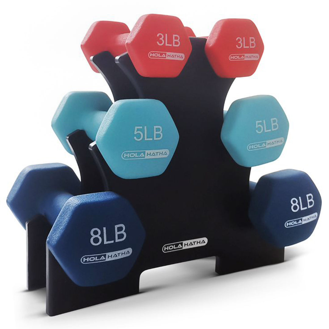 HolaHatha 3, 5, and 8 Pound Dumbbell Hand Weight Set with Storage Rack, Multi