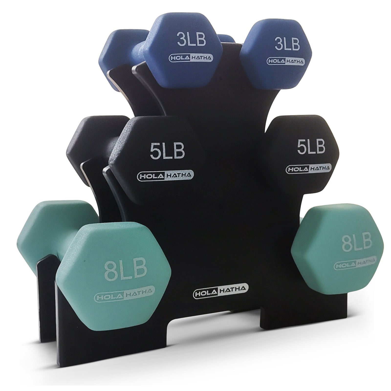 HolaHatha 3, 5, and 8 Pound Dumbbell Hand Weight Set with Storage Rack, Multi - VMInnovations