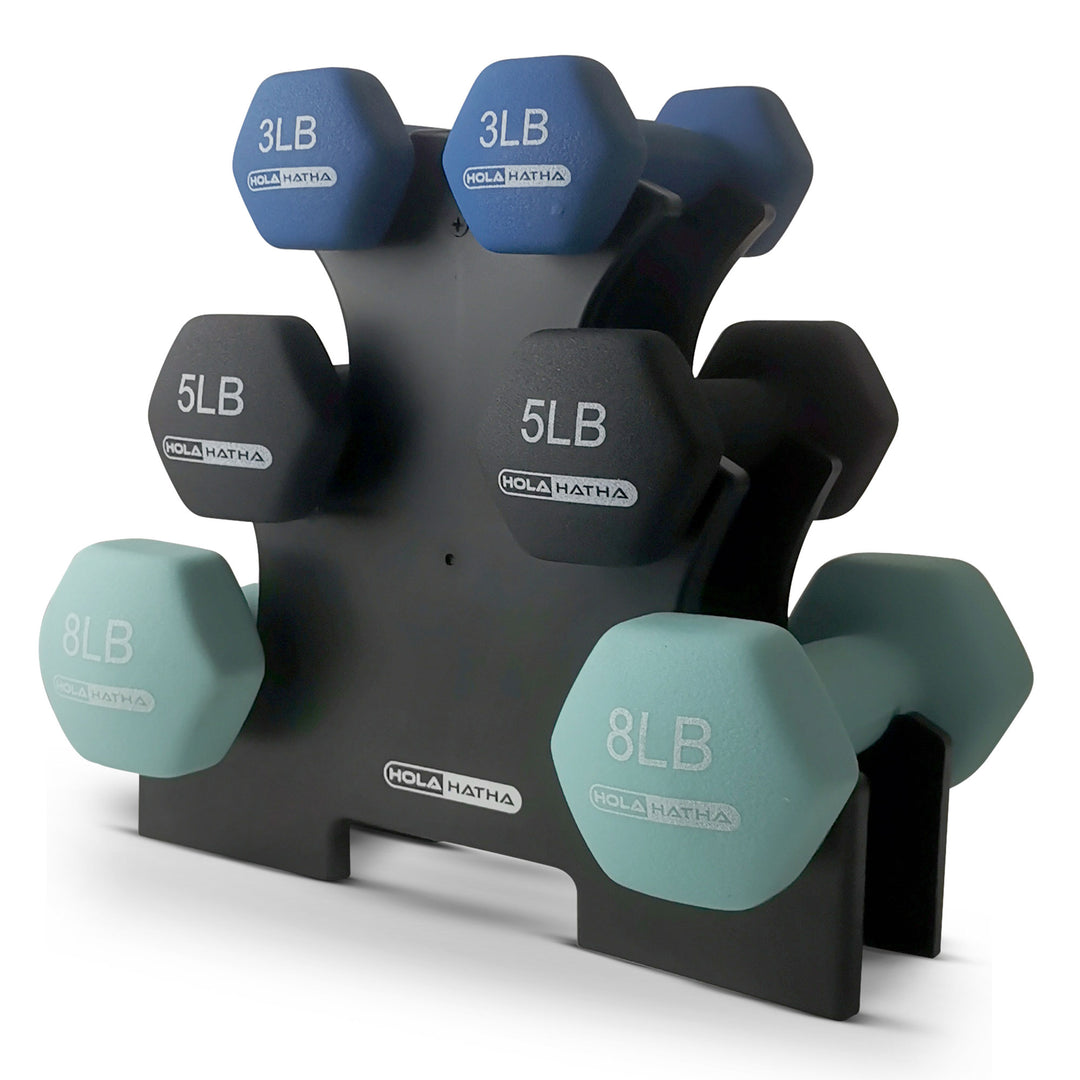 HolaHatha 3, 5, and 8 Pound Dumbbell Hand Weight Set with Storage Rack, Multi - VMInnovations