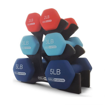 2, 3, & 5 Lb Neoprene Dumbbell Free Hand Weight Set w/ Rack, Red/Blue (Used)