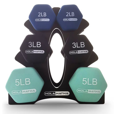 HolaHatha 2, 3, & 5 Pound Neoprene Dumbbell Weight Set w/ Rack, Pastel (Used)