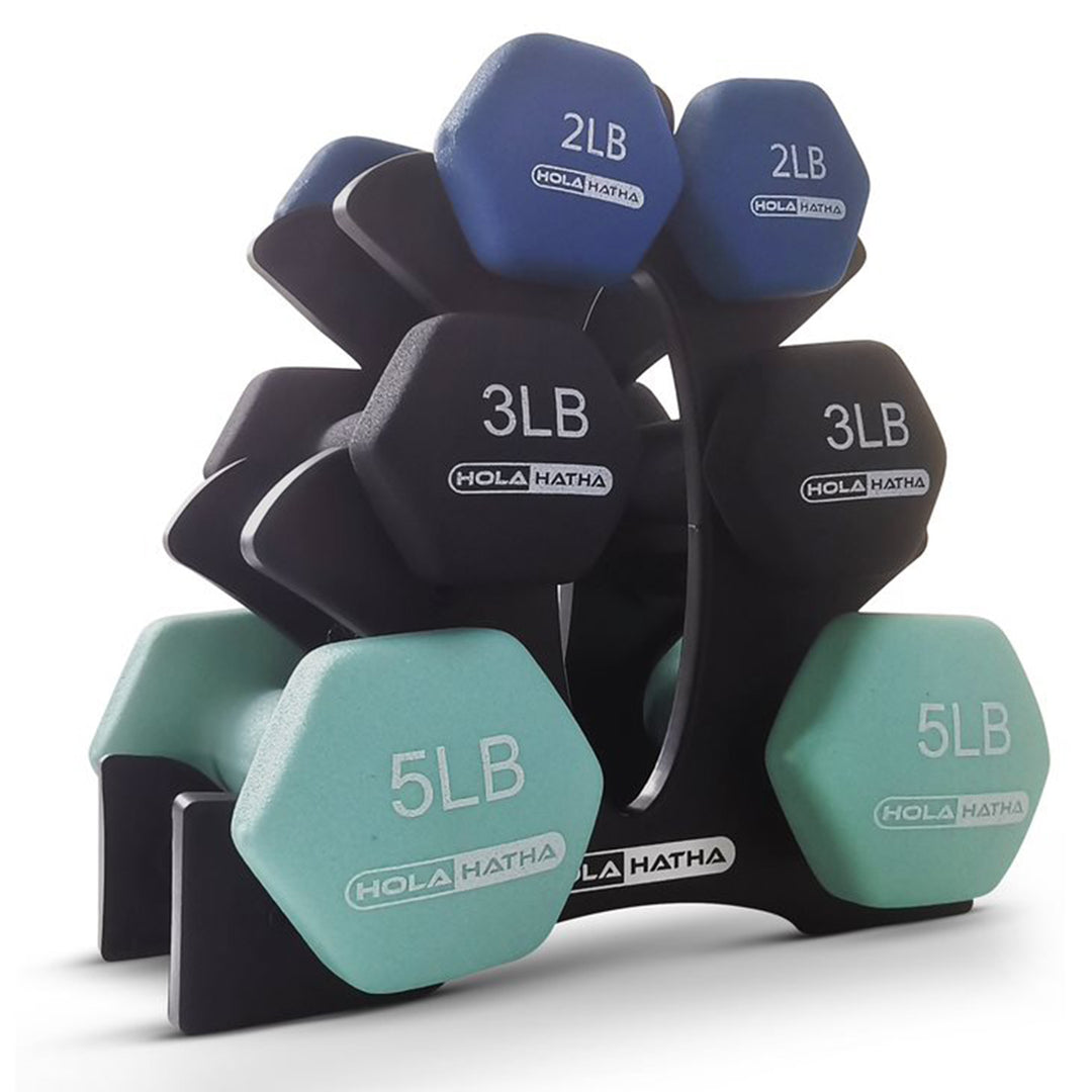 HolaHatha 2, 3, & 5 Pound Neoprene Dumbbell Weight Set w/ Rack, Pastel (Used)