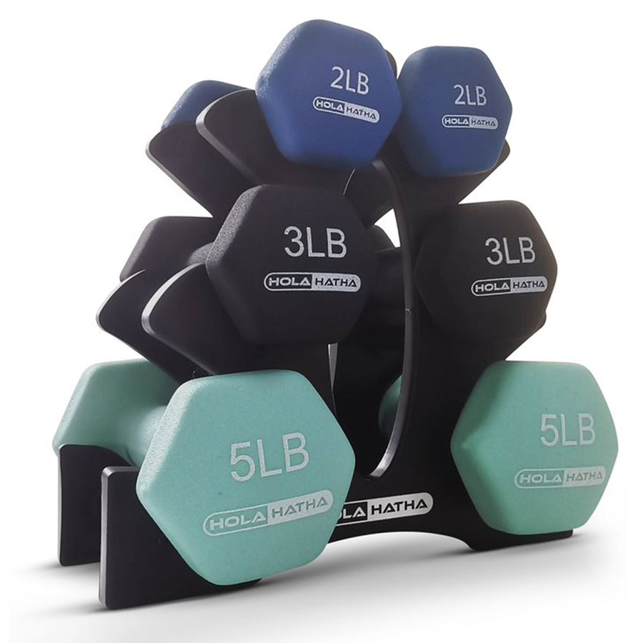 HolaHatha 2, 3, & 5 Pound Neoprene Dumbbell Weight Set w/ Rack, Pastel (Used) - VMInnovations