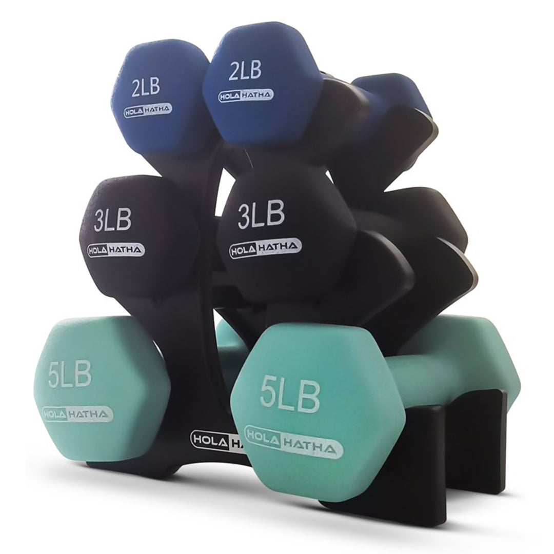 HolaHatha 2, 3, & 5 Pound Neoprene Dumbbell Weight Set w/ Rack, Pastel (Used)