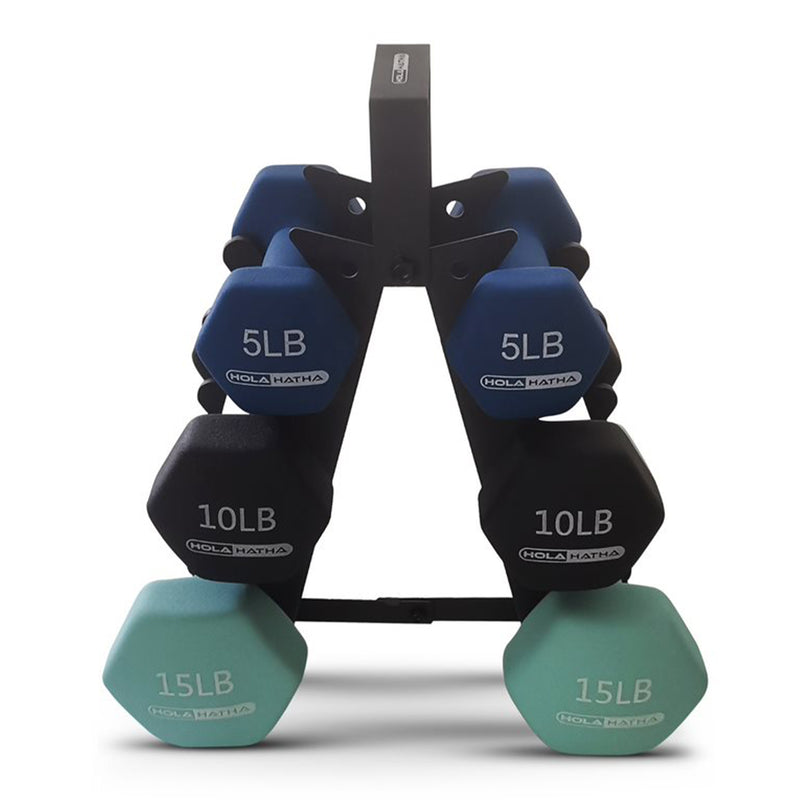 HolaHatha 5, 10, and 15 LB Neoprene Dumbbell Free Hand Weight Set w/ Rack, Multi