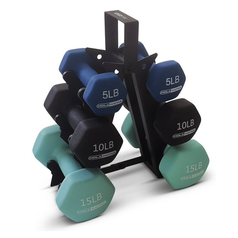 HolaHatha 5, 10, and 15 LB Neoprene Dumbbell Weight Set w/ Rack (Open Box)