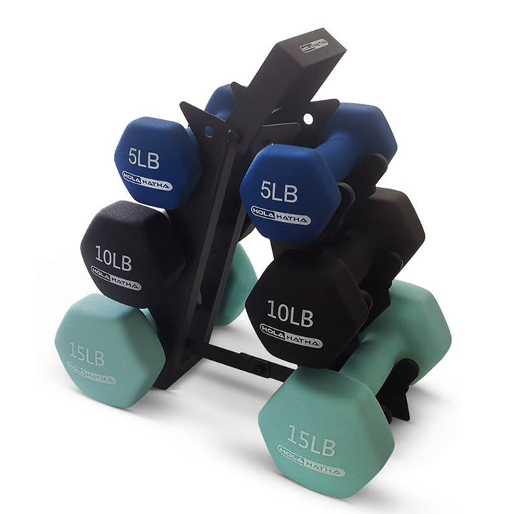 HolaHatha 5, 10, and 15 LB Neoprene Dumbbell Free Hand Weight Set w/ Rack, Multi