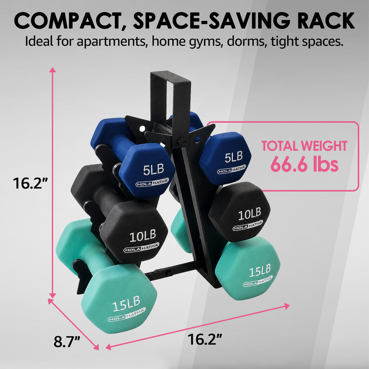 HolaHatha 5, 10, and 15 LB Neoprene Dumbbell Free Hand Weight Set w/ Rack, Multi