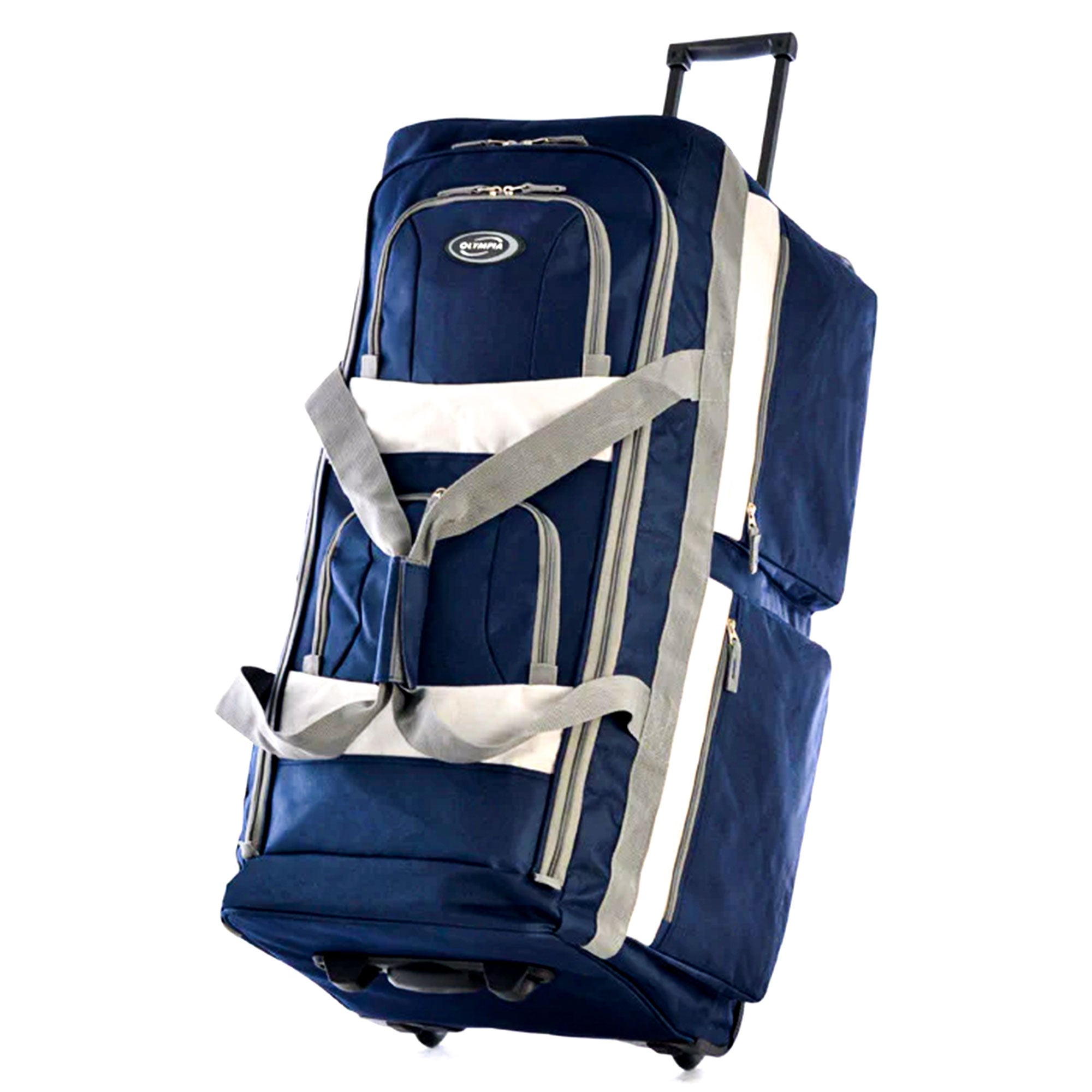 Olympia 29 Inch 8 Pocket U Shape Rolling Duffel Bag w/ Retractable Handle, Navy