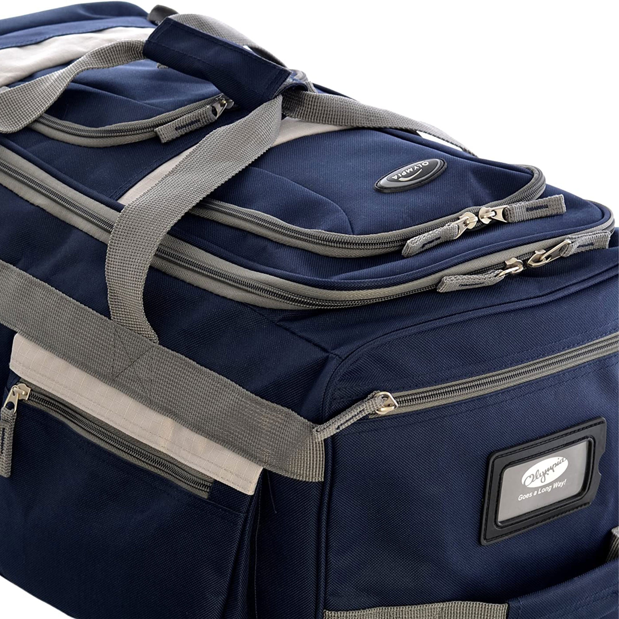 Olympia 29 Inch 8 Pocket U Shape Rolling Duffel Bag w/ Retractable Handle, Navy